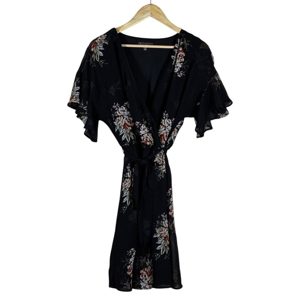 Luxology Wrap Floral Mini Dress Black Boho Ruffle Flutter Sleeve Size M